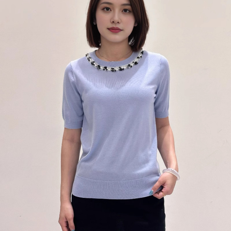 韩系高端减龄重工钉珠圆领短袖上衣女2025夏新款气质时尚百搭T恤