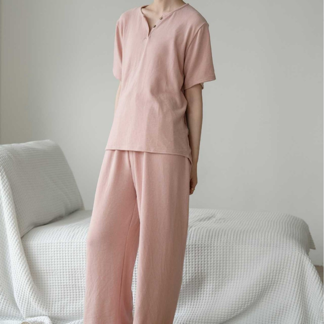 缪粉针织V领短袖长裤套装简约休闲丝绵羊毛家居服睡衣两件套